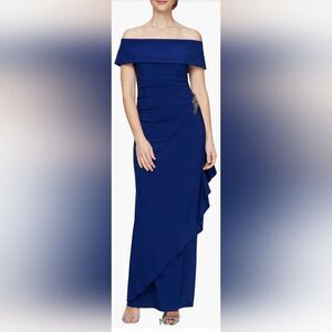 Alex Evenings Embellished Off the Shoulder Column Gown NWT size 6 Royal Blue